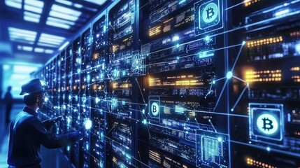 Fototapeta premium A futuristic depiction of a blockchain server room, with rows of glowing data nodes and interconnected digital streams. Engineers monitor the servers, symbolizing the secure infrastructure behind 