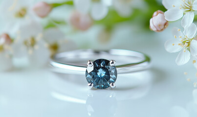 stunning ring featuring black translucent diamond, set on silver band, surrounded by delicate white flowers, creating romantic and elegant atmosphere