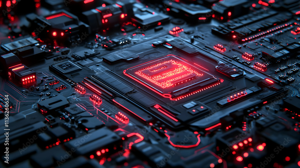 Poster close-up of a glowing red circuit board with a central processor.