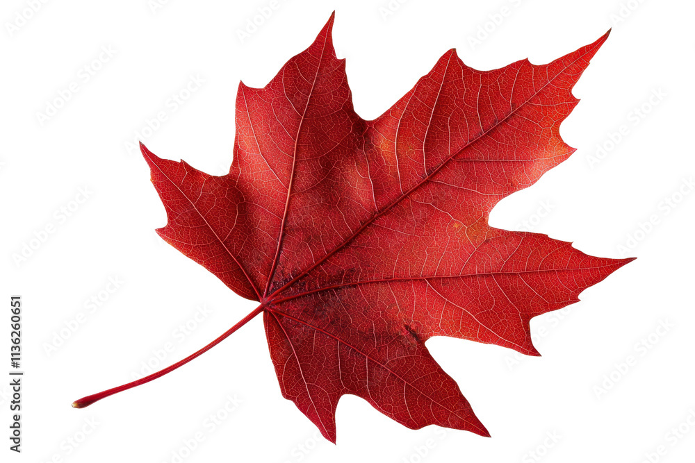 Poster a vibrant red maple leaf showcasing intricate vein patterns and a crisp texture.