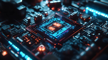 Close-up of a glowing CPU on a circuit board.