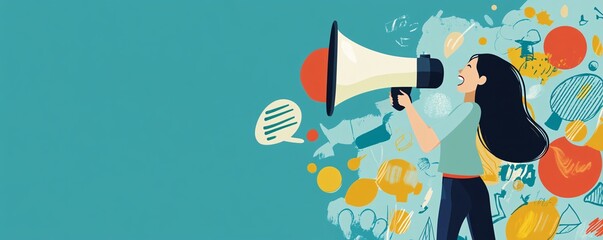 Young woman making announcement using megaphone with abstract shapes
