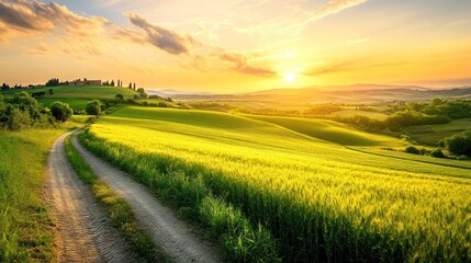 Fototapeta premium Tuscan Sunset: Golden Fields and Rolling Hills