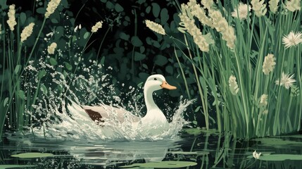 Splashing Duck in Serene Pond Surrounded by Lush Vegetation