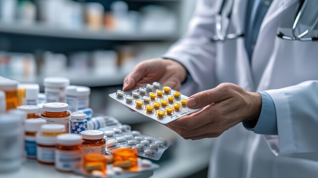 A pharmacist organizes and inspects prescription medicine in a well-stocked pharmacy environment, demonstrating healthcare professionalism and the importance of accurate medication management. - Powered by Adobe