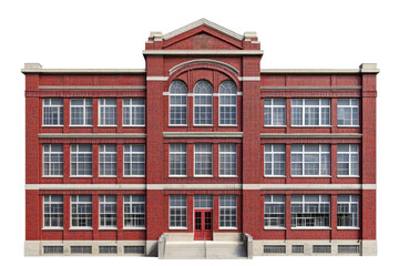 Naklejka premium A red brick building with large windows, an arched entrance, and a classical architectural design.