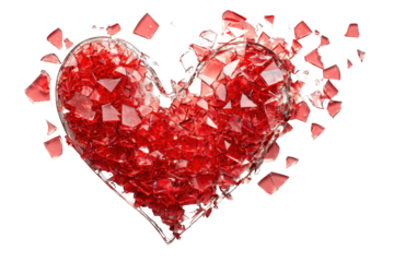 A shattered red heart made of fragmented glass pieces, conveying a sense of brokenness and emotional turmoil.