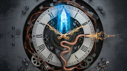 Fototapeta premium Steampunk Clock with Crystal and Snake, Fantasy Timepiece Art