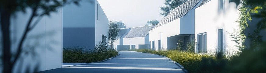 A row of modern, welcoming new-build houses in the UK with grey, smooth roof tiles and white walls. The street is surrounded by greenery, and there is grass on both sides of it