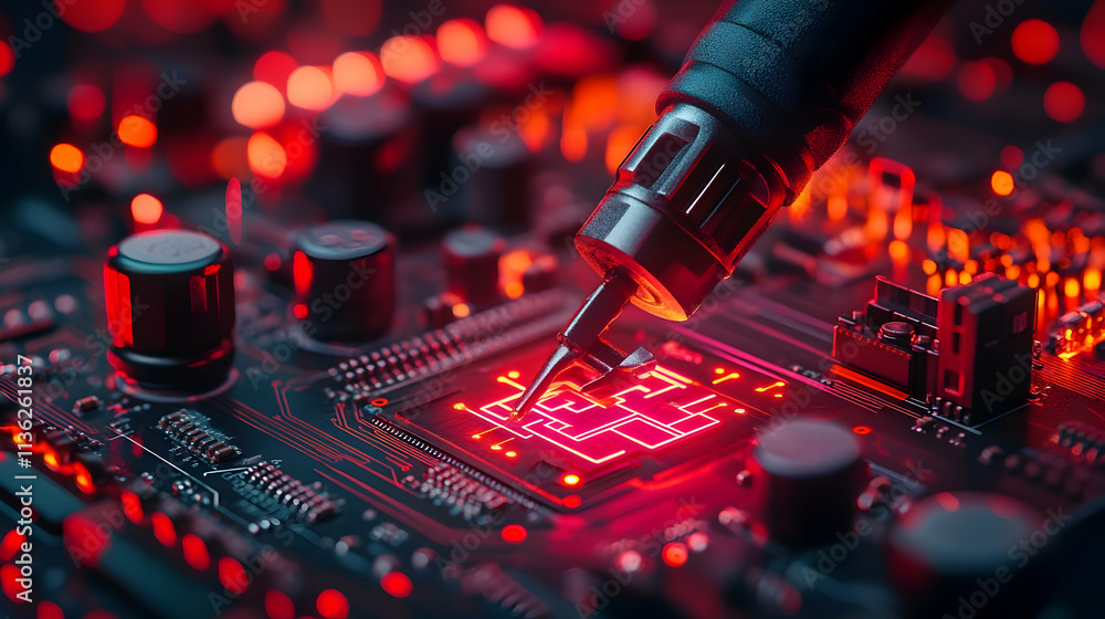 Poster close-up of a soldering iron working on a circuit board with red lighting.