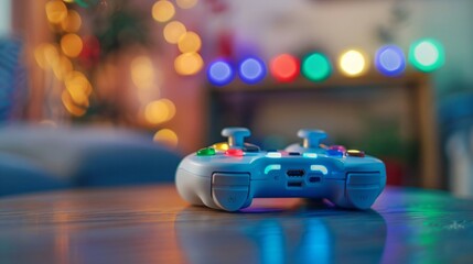 Close-up of joystick controller on gaming console with colorful game icons, symbolizing entertainment and leisure in modern living room setup.