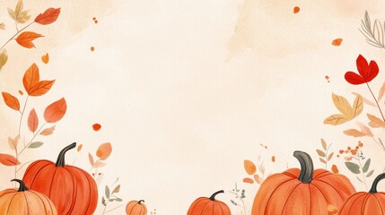 Autumn pumpkins illustration, orange and brown leaves, fall background with watercolor effect, seasonal nature art