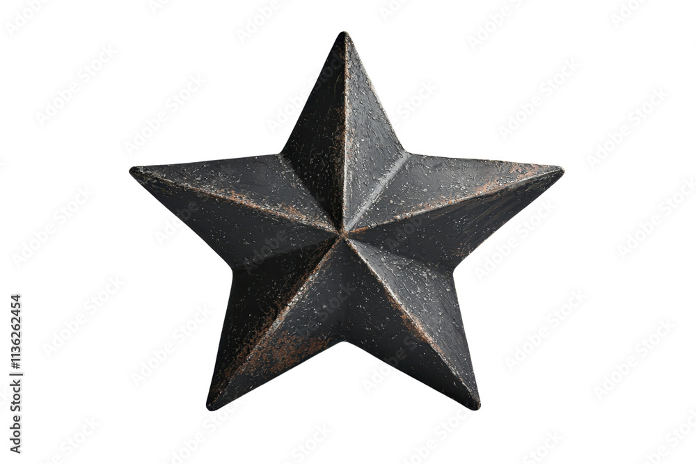 Poster a five-pointed star with a textured surface, featuring sharp angles and a dark metallic finish, emph
