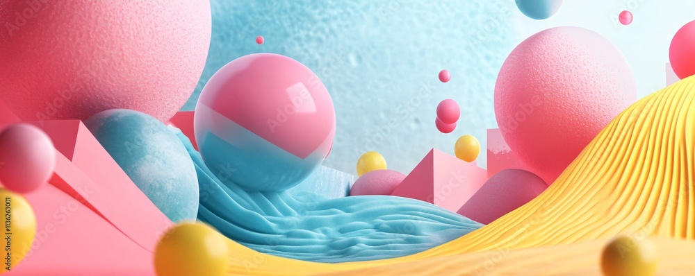 Poster colorful 3d landscape with floating spheres and geometric shapes creating a surreal scene