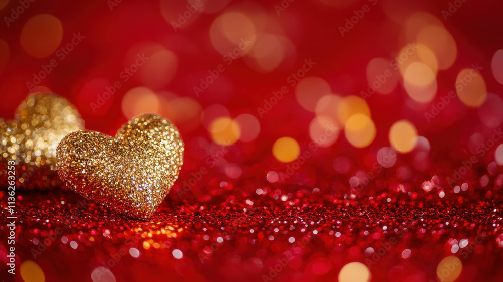 Wall mural Golden hearts on sparkling red background create romantic atmosphere, perfect for celebrations and special occasions. bokeh effect enhances festive mood