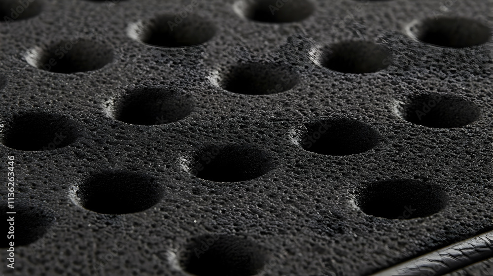 Poster close-up of dark gray textured surface with numerous evenly spaced circular holes.