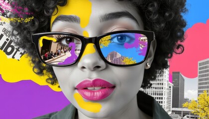 Artistic Collage of a Stylish Woman with Vibrant Reflections Urban Cityscape Digital Artwork Bright Colors Portrait View Modern Expressionism