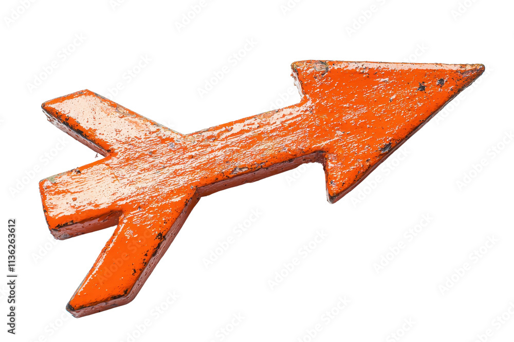 Poster a worn orange arrow pointing right, showcasing a rustic texture and distinct shape, symbolizing dire