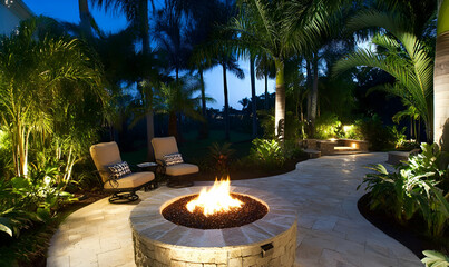 Fototapeta premium A serene outdoor space featuring a fire pit surrounded by lush greenery and seating.