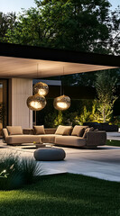 Modern outdoor lounge area with cozy seating and decorative lighting.