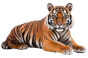 Obraz premium A majestic tiger lies gracefully, showcasing its striking orange fur and bold black stripes, exuding strength and elegance.