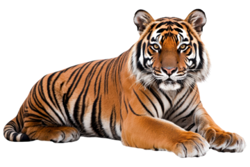 A majestic tiger lies gracefully, showcasing its striking orange fur and bold black stripes, exuding strength and elegance.