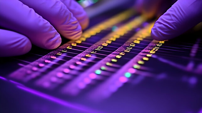 Close-up of gloved hands analyzing DNA microarray.