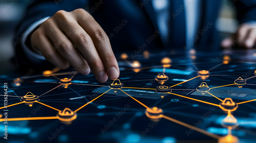 Poster close-up of hand interacting with a digital network interface on a large touchscreen.