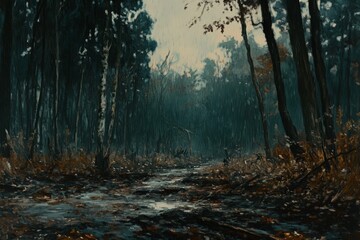 Obraz premium Rainy Day in the Enchanting Dark Forest: A Mystical Oil Painting