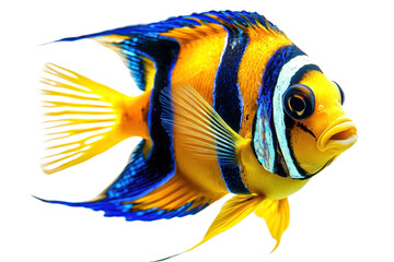 A vibrant fish with striking yellow and blue stripes, showcasing intricate fins and a curious expression.