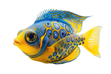 A vibrant fish featuring bright blue and yellow colors with intricate patterns and striking fins.