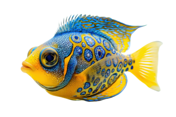 A vibrant fish featuring bright blue and yellow colors with intricate patterns and striking fins.