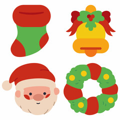 Christmas flat icons vector cartoon set isolated on a white background.