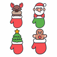 Christmas symbols in Santa mittens vector cartoon set isolated on a white background.