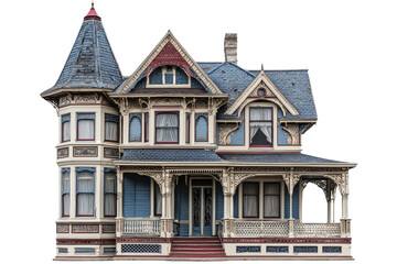 Fototapeta premium A Victorian-style house featuring intricate details, a turret, and a wraparound porch, showcasing classic architectural elegance.