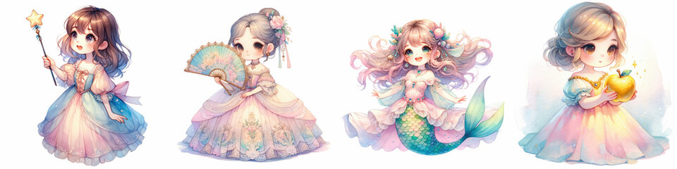 Charming illustrations of four whimsical characters in pastel dresses, featuring star, fan, mermaid, and apple