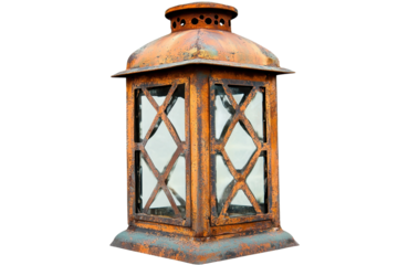 A vintage lantern with a rusted metal frame, featuring glass panes and a decorative top.