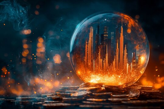 Crystal ball with smoke and gold, representing the uncertainty and challenges in predicting market trends.