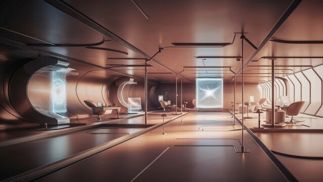 Futuristic spaceship interior design, bronze metallic walls, holographic displays, lounge area, modern technology, sci-fi setting, space station, waiting room, elegant, minimalist