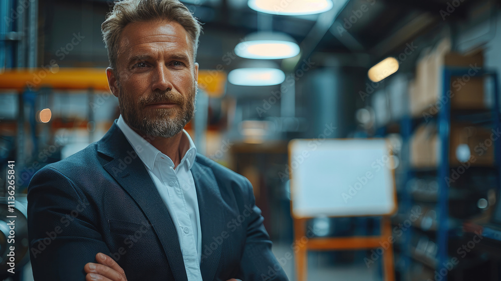 Poster a man in a suit stands next to a whiteboard and gives a speech in a factory office.