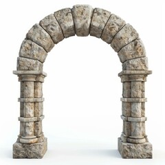 Classic stone archway standing on weathered pillars, creating an elegant passage against a white backdrop
