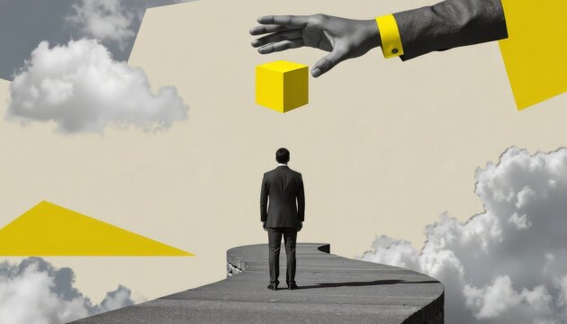Surreal Collage of a Businessman Navigating a Path Abstract Environment with Clouds and Geometric Shapes