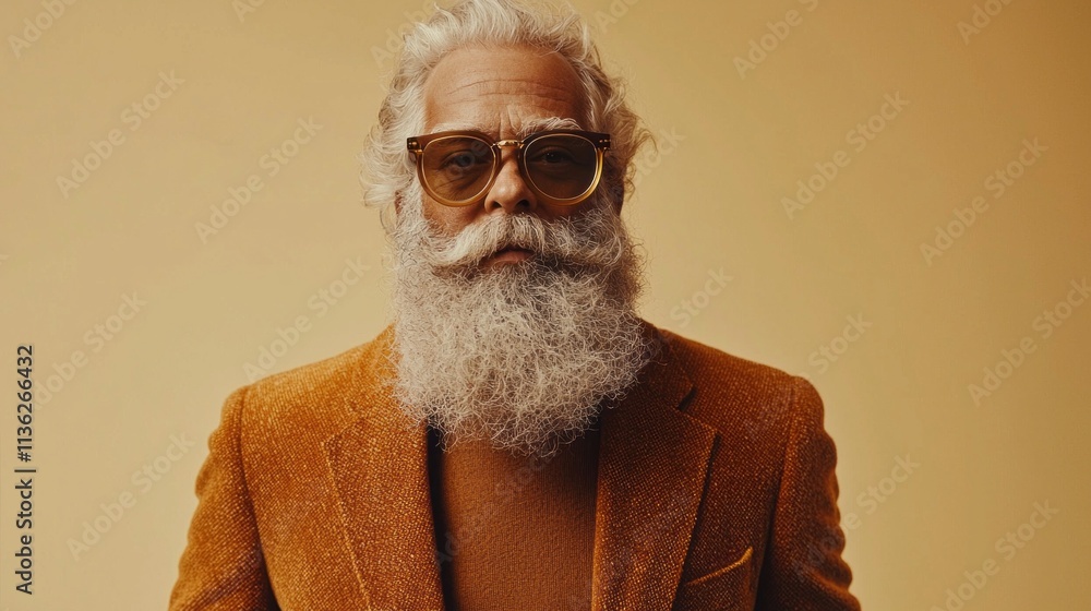 Poster A man with a beard and glasses stands in front of a yellow background. The color of the year Mocha Mousse