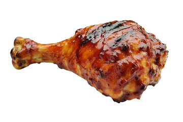 A juicy, glazed chicken drumstick with a crispy exterior, showcasing grill marks and a rich, savory glaze.