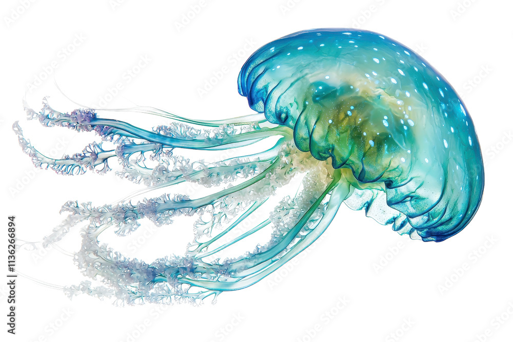 Poster A vibrant jellyfish with flowing tentacles showcases intricate patterns and colors, creating a captivating marine spectacle.