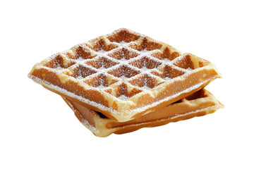 A stack of golden-brown waffles dusted with powdered sugar.