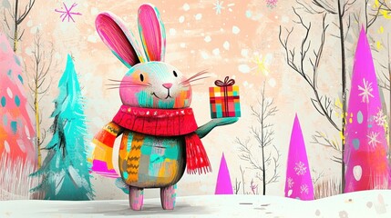 Vibrant illustration of a multicolored bunny wearing a red scarf, holding a gift in a whimsical snowy forest with bright trees.

