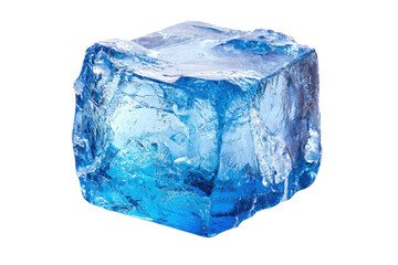 Obraz premium A clear ice cube with blue hues and textured surfaces, showcasing its crystalline structure.