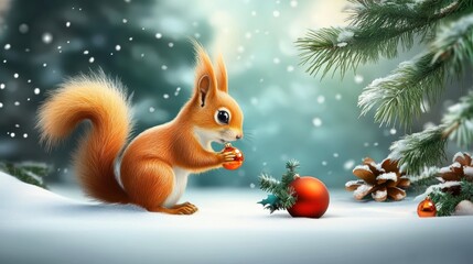 Fototapeta premium A cute squirrel holding a red Christmas ornament in a snow-covered forest, surrounded by pine branches and pinecones, creating a festive winter scene. 