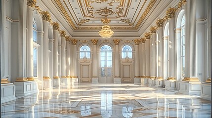 Fototapeta premium White and gold marble ballroom, featuring a large.